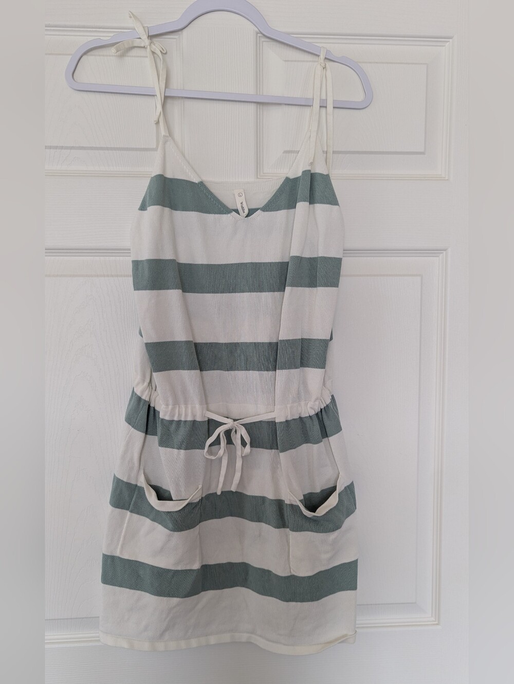 Wishlist Striped Spaghetti Strap Tie-Waist Dress in White & Sage